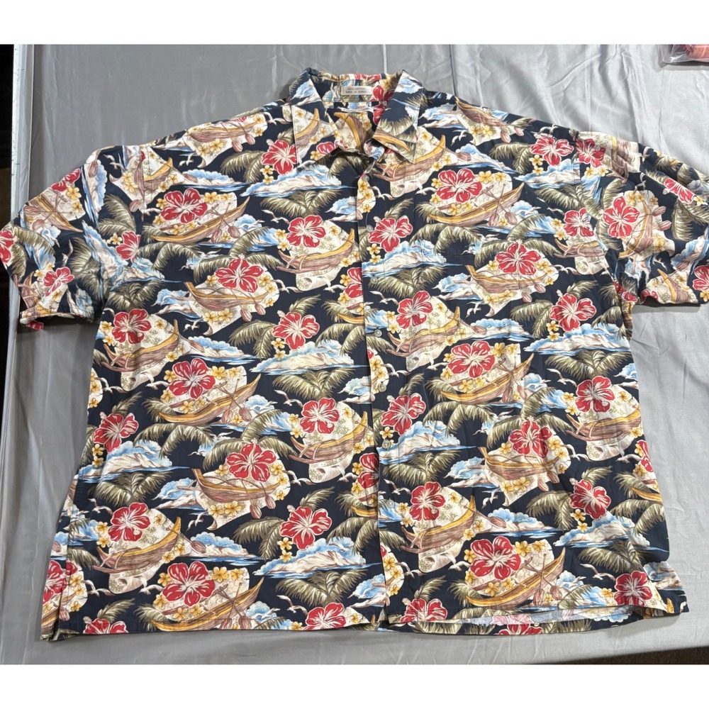 Pierre Cardin Mens 4XL Tropical Hibiscus Outrigger Cotton Button Down Shirt Navy